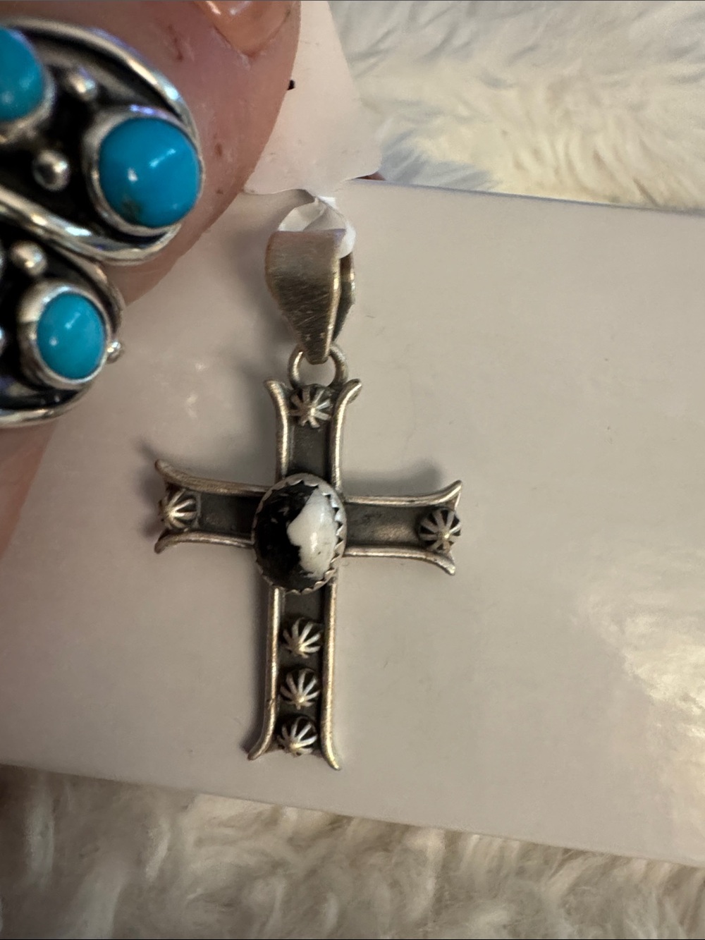 Sterling Silver Cross Pendant with Black and White Stone